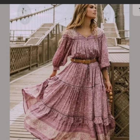 Spell Dahlia Tiered Midi Peasant Dress in Mulberry Pink/Purple Floral, Small EUC - Picture 1 of 16